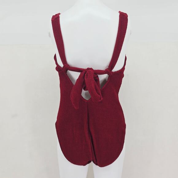Kona Sol Textured Burgundy Bow One-Piece Swimsuit L New - Picture 2 of 7